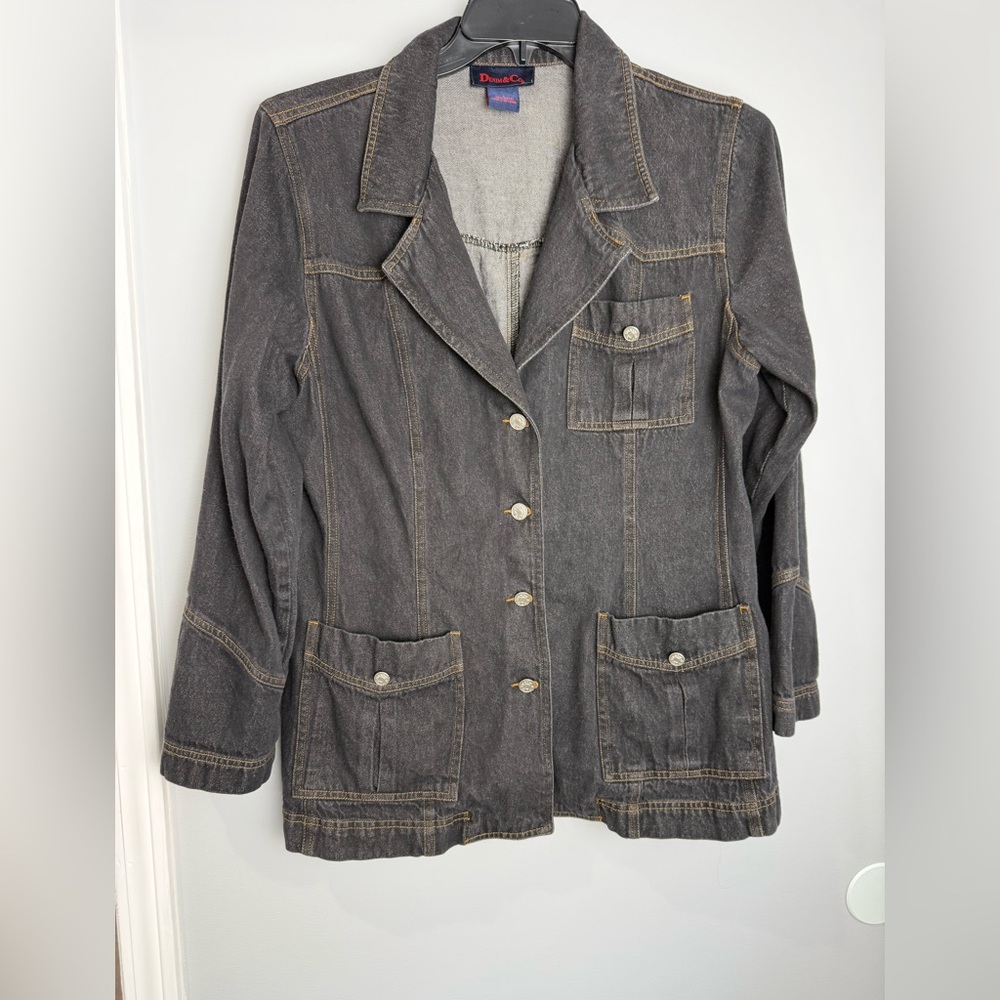 Denim & Co Blazer Womens Blue Denim Ramie Blend 4 Button Pockets Stretch S Lgr